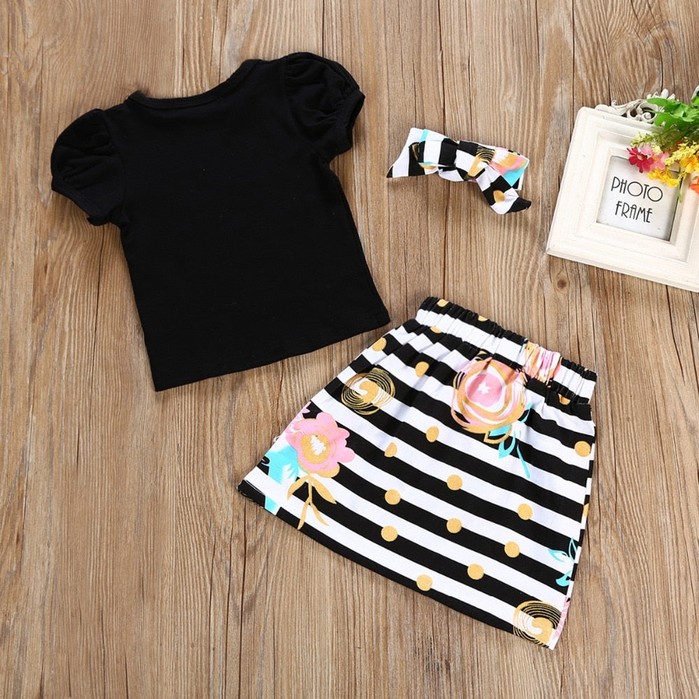 3Pcs T-shirt Romper Skirt Headband Baby Girl Clothes Outfits Set