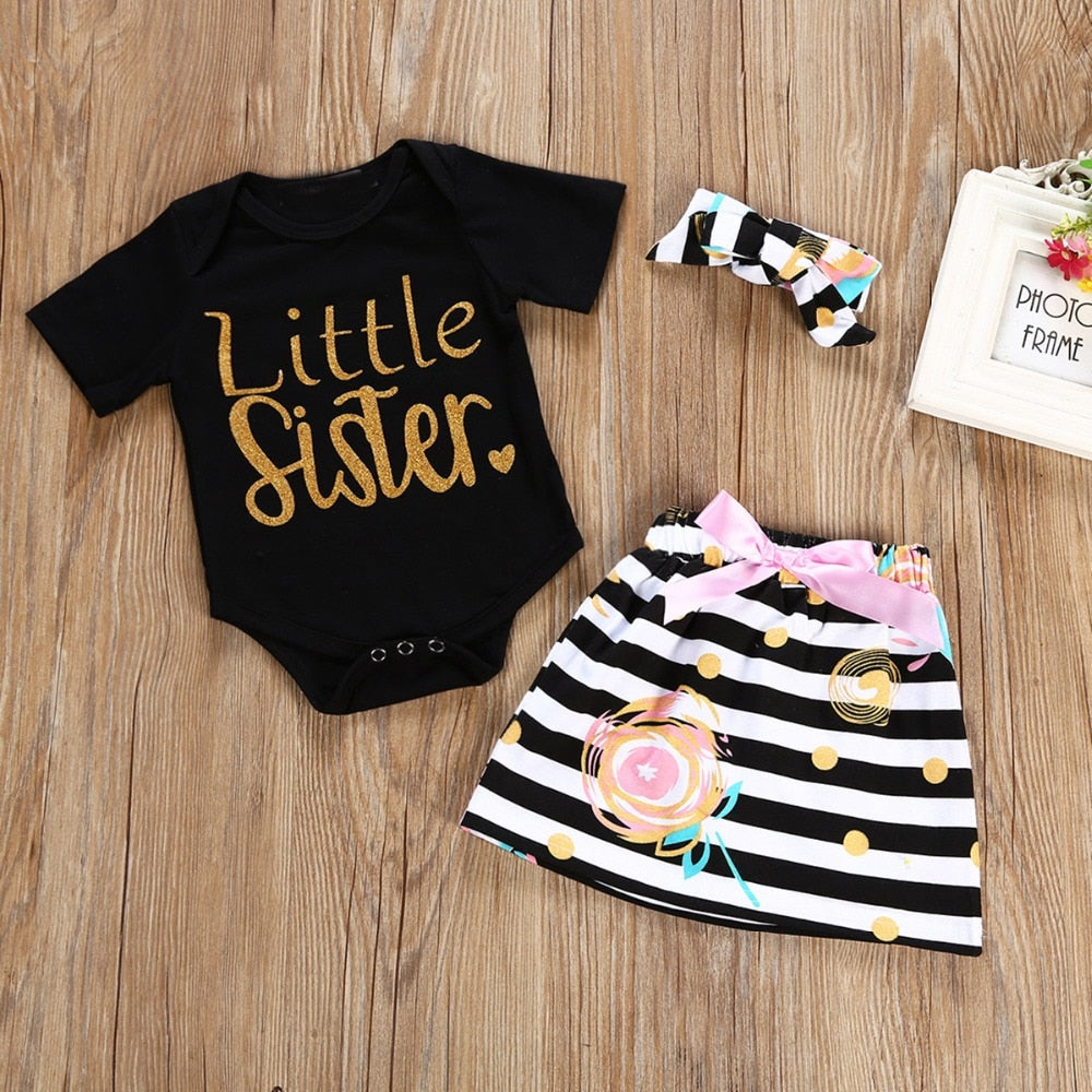 3Pcs T-shirt Romper Skirt Headband Baby Girl Clothes Outfits Set