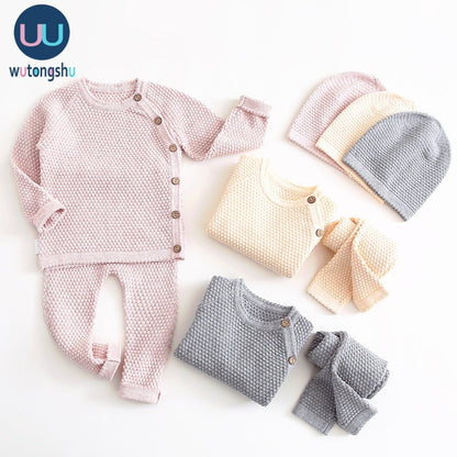 Baby Boy Girl Clothes Sets Spring Autumn Solid Newborn Baby Girl Clothing Long Sleeve Tops + Pants Outfits Casual Baby Pajamas  No hat