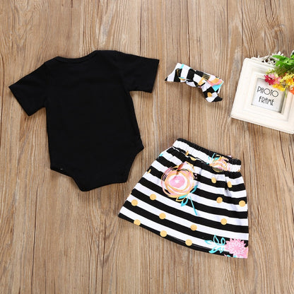 3Pcs T-shirt Romper Skirt Headband Baby Girl Clothes Outfits Set