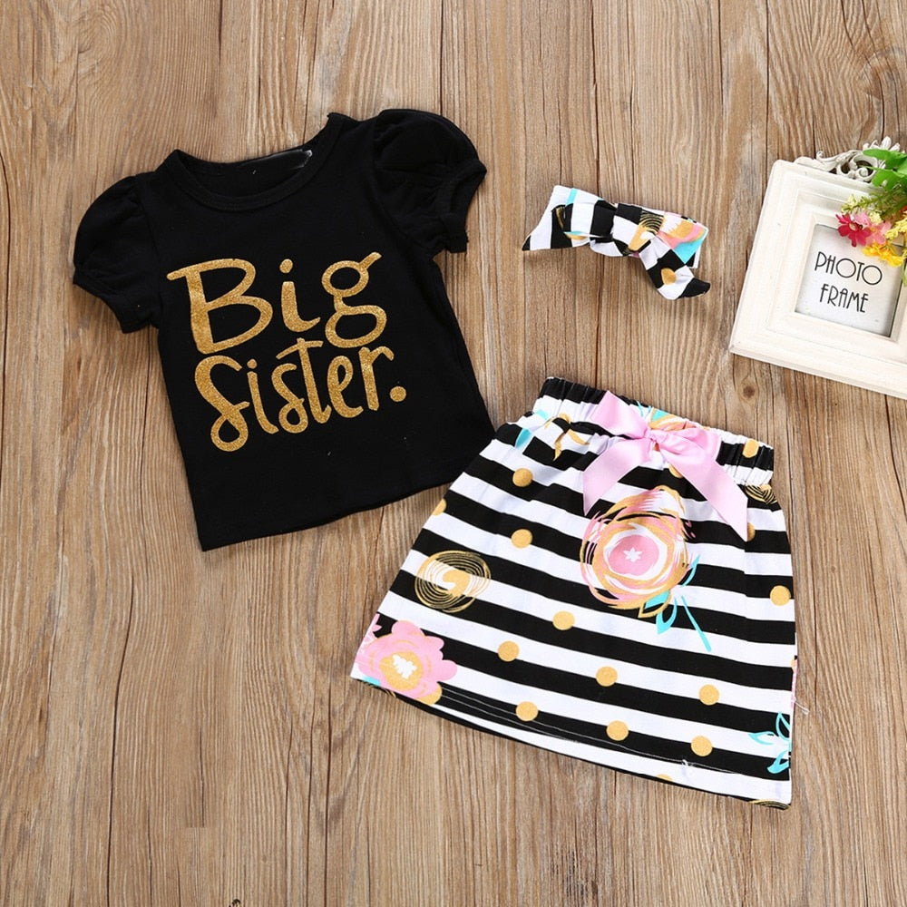 3Pcs T-shirt Romper Skirt Headband Baby Girl Clothes Outfits Set